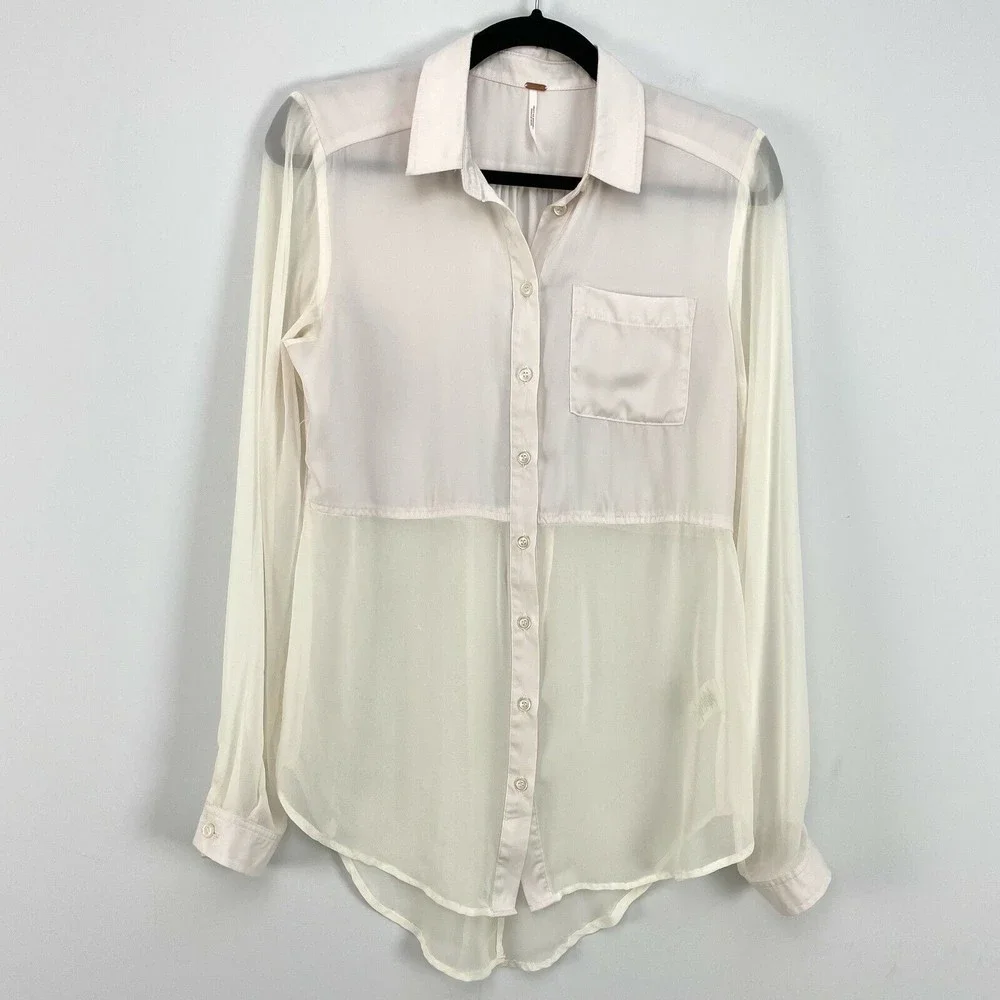 Free People Sheer Ivory Button-Up Blouse